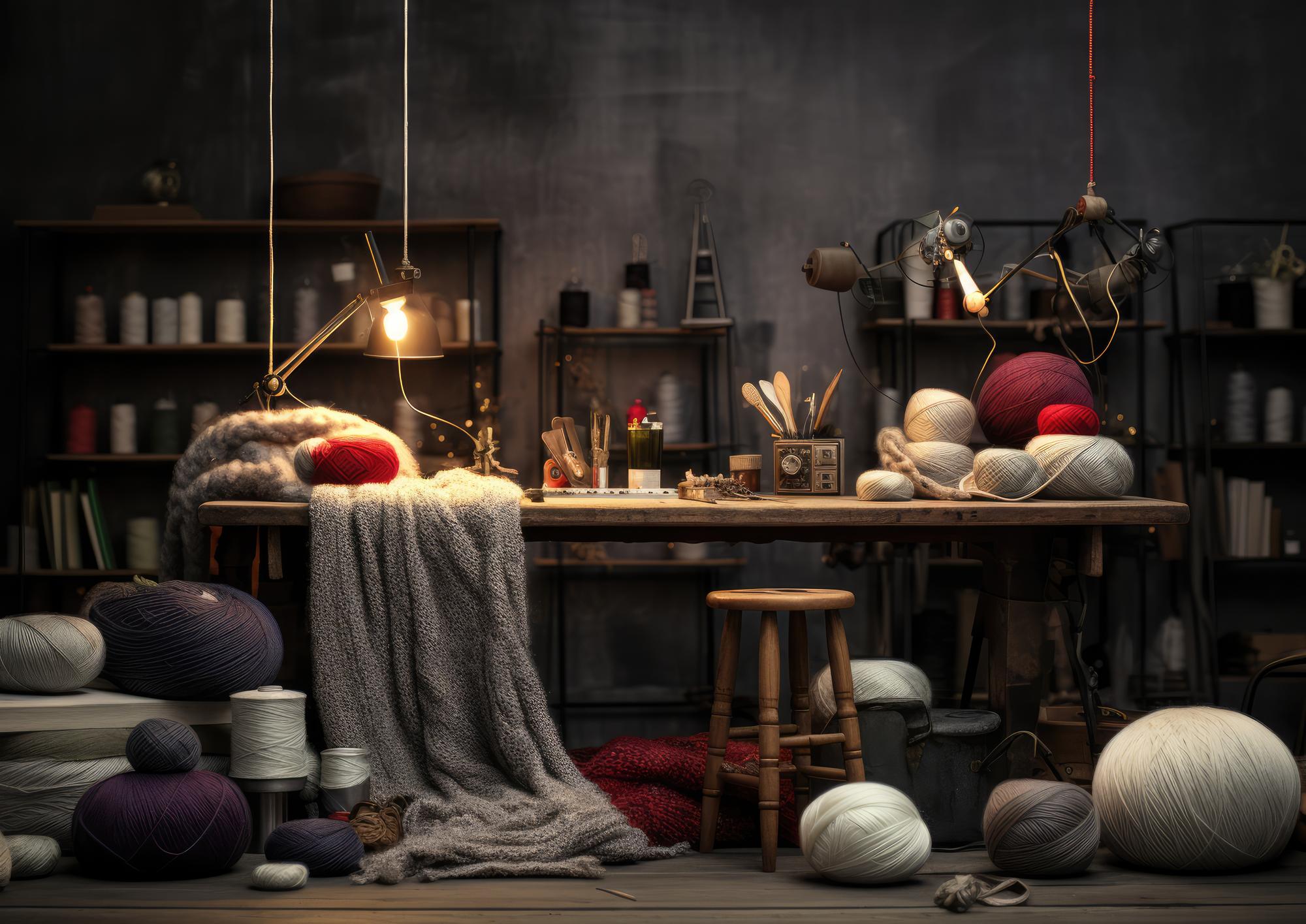 Atelier: interno con macchine da ricamo e materiali